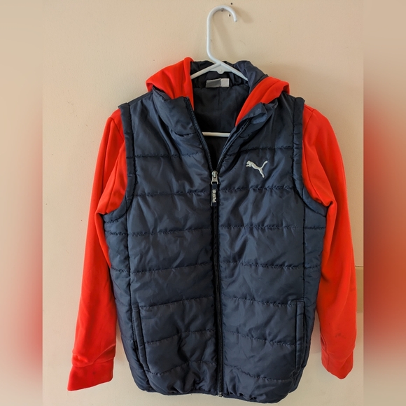 Puma Dark Blue and Bright Orange Hooded Puffy Vest Coat - Picture 1 of 7